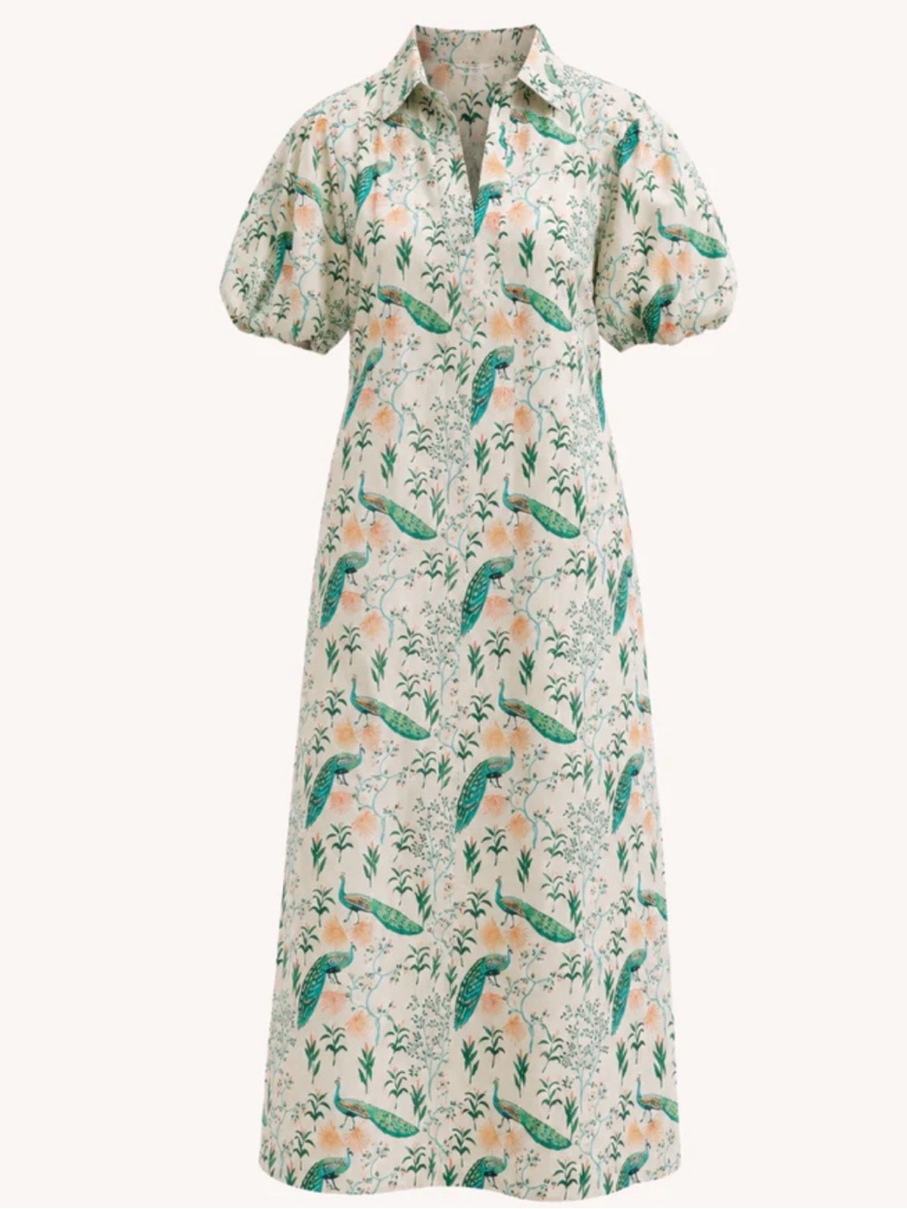 LOVE!  NWT Peacock Chinoiserie Cotton Puff Sleeve Midi Dress S M L Tuckernuck
